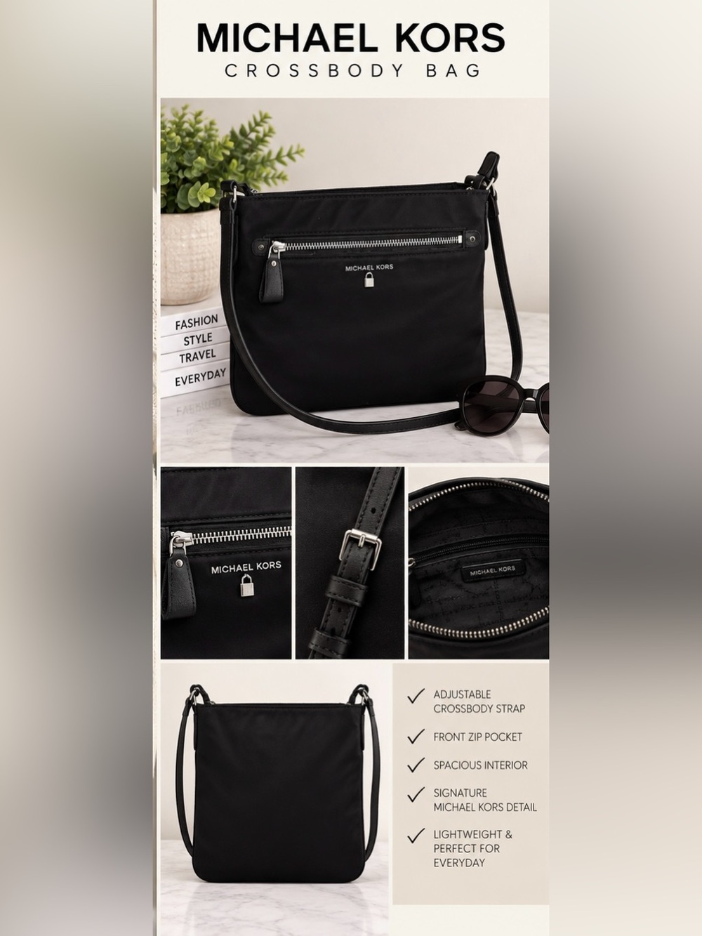 Michael Kors Black Nylon Crossbody with Silver Hardware